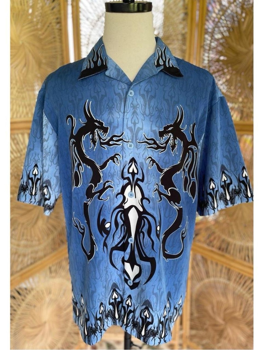 No Boundaries Y2K Blue & Black Dragon Button-up Shirt M - Picture 2 of 6